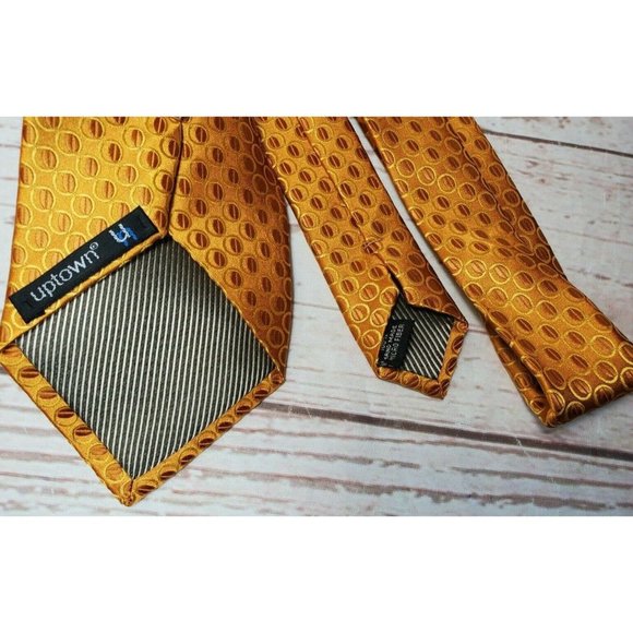 Uptown U Gold Men Gold Bubble Design Hand Made Fiber Brown Stripe Inset Necktie - Picture 12 of 12
